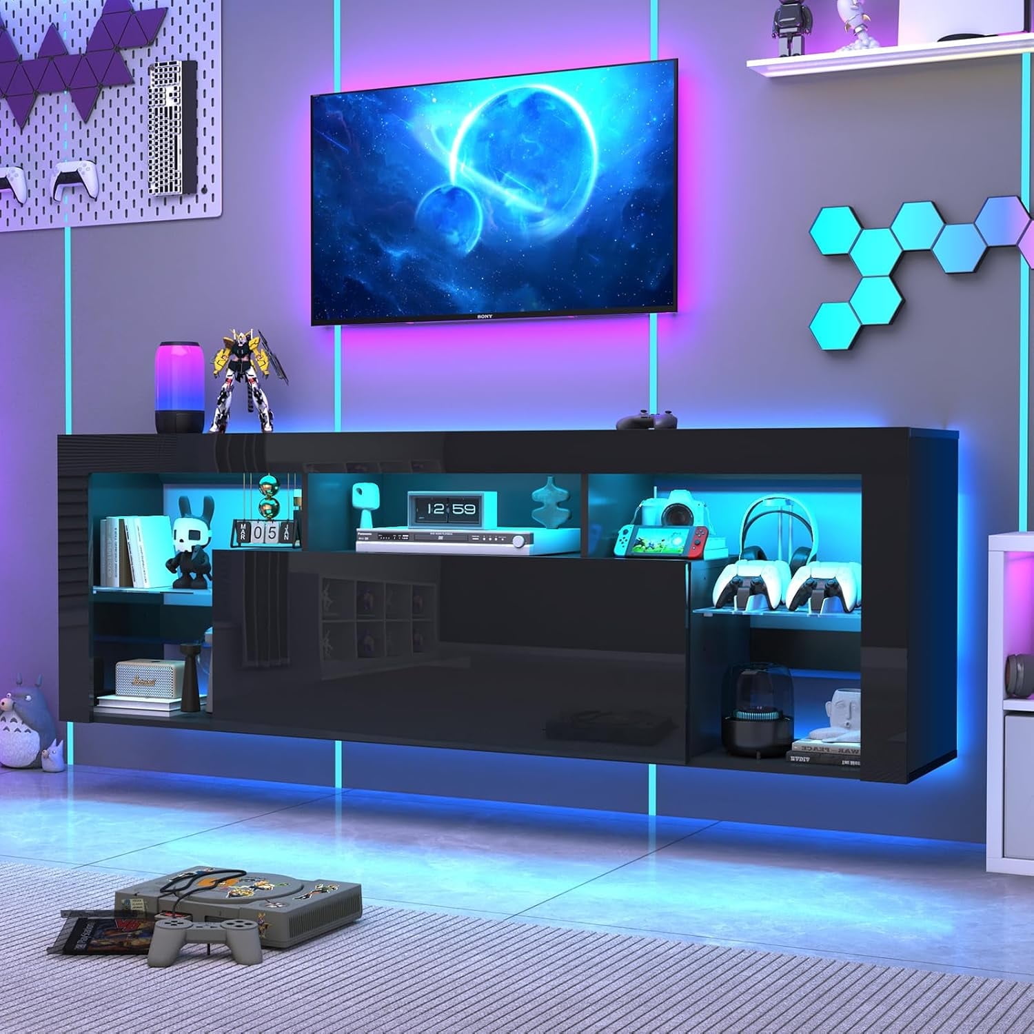 Blotout 71" Floating High Gloss LED TV Stand for up to 75/85" TVs, 23.6" Tall Wall-Mounted Entertainment Center with Power Outlets & Hidden Storage Cabinet and Open Adjustable Glass Shelf, Black