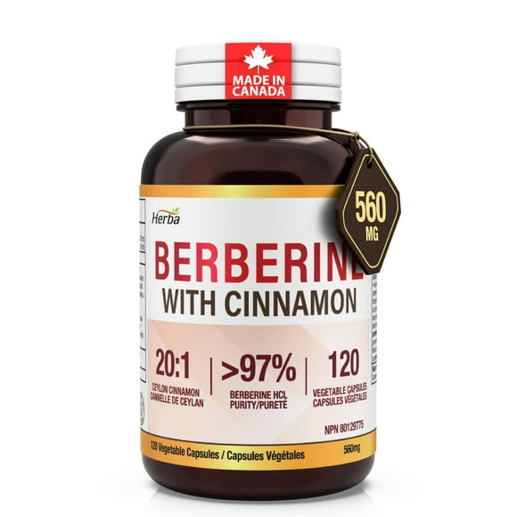 Herba Supplément de Berbérine avec Cannelle de Ceylan – 120 Capsules / Ultra Pur >97 % / Fabriqué au Canada