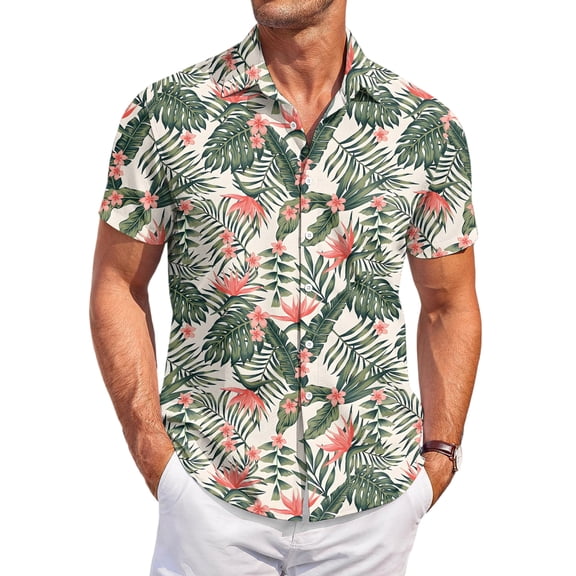 QHRMKOG Mens Short Sleeve Shirts Relaxed Fit Tropical Print Hawaiian Shirt Light Holiday Button Down Beach Shirts Summer Casual Shirt Green 3XL