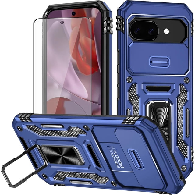 KOMI for Google Pixel 9a Case with Screen Protector and with Camera Cover, 360°Military Grade Rotatable Kickstand (Heavy Duty) Shockproof Protective, Case for Google Pixel 9a Blue
