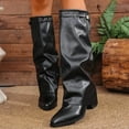 thumbnail image 2 of Fashionable Long Boots Versatile Pleated Metal Thick Heel Solid Color Comfortable Fall Winter Style for Casual and Outdoor Wear, 2 of 6
