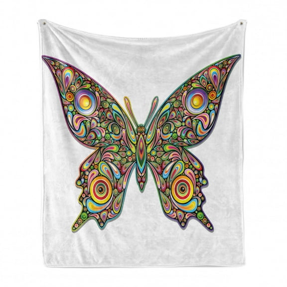 Butterflies Soft Flannel Fleece Throw Blanket, Butterfly Psychedelic Design Spirals Wildlife Eyes Pattern, Cozy Plush for Indoor and Outdoor Use, 50" x 60", Multicolor, by Ambesonne