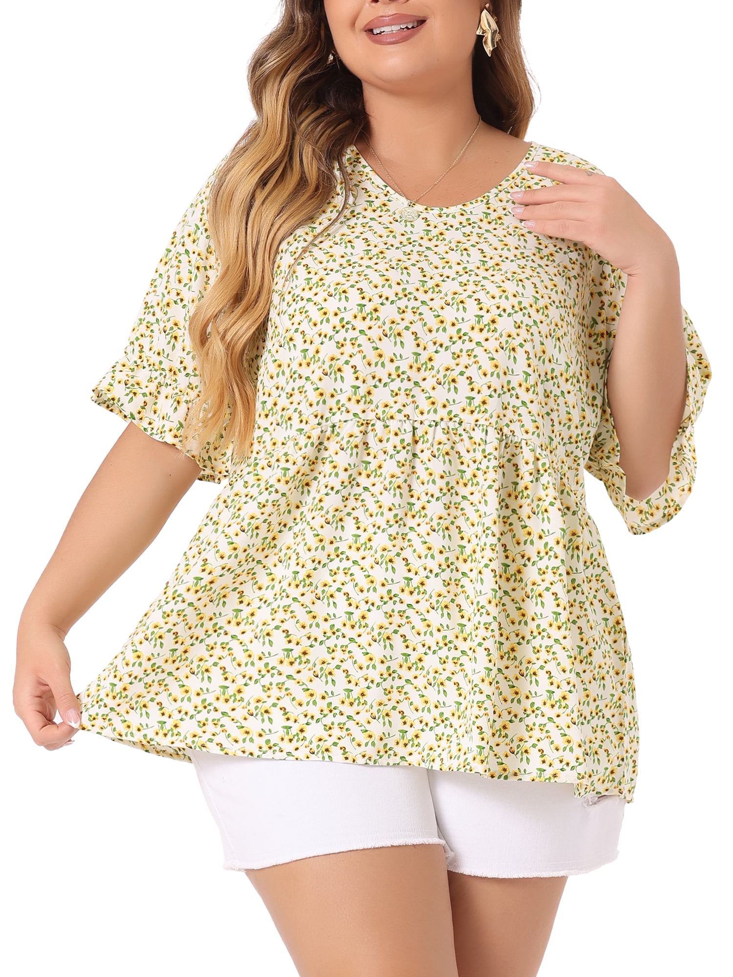 DARING DIVA Women's Plus Size Floral V Neck Ruffle Short Sleeve Blouses 4X Light Yellow