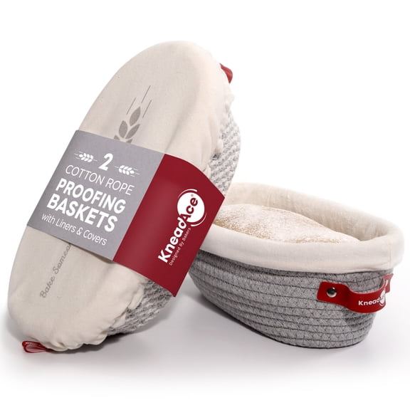KneadAce Cotton Rope Sourdough Bread Proofing Basket, 2 Oval Banneton Baskets with Liners and Covers