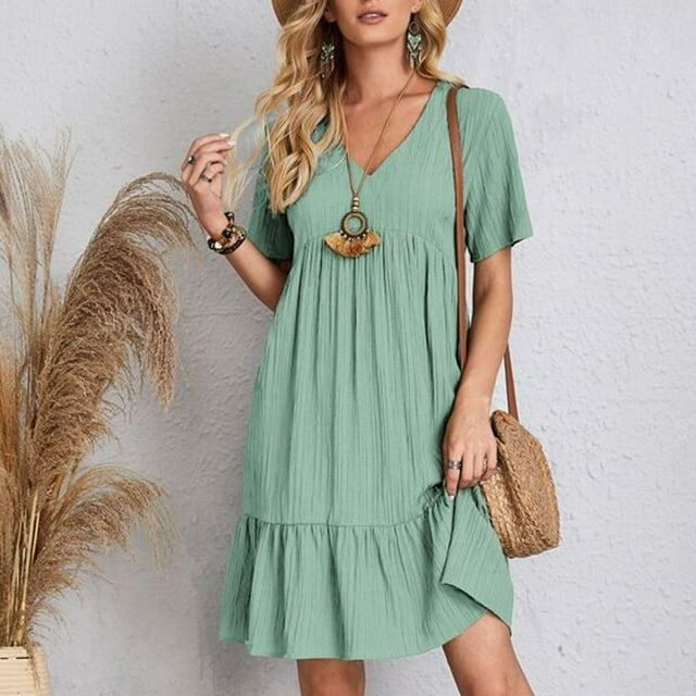 ICHUANYI Clearance Womens Spring And Summer V-Neck Loose Solid Pleated Casual High Waist Lace Dress(Mint Green, S) ICHUANYI WER2023080701989