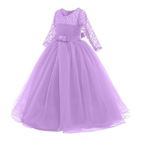 

Cathalem Girls Size 5 Child Girls Lace Bowknot Dress Princess Wedding Flower Girl Performance Formal Half Sleeve Dresses Girls Dress Purple 7-8 Years