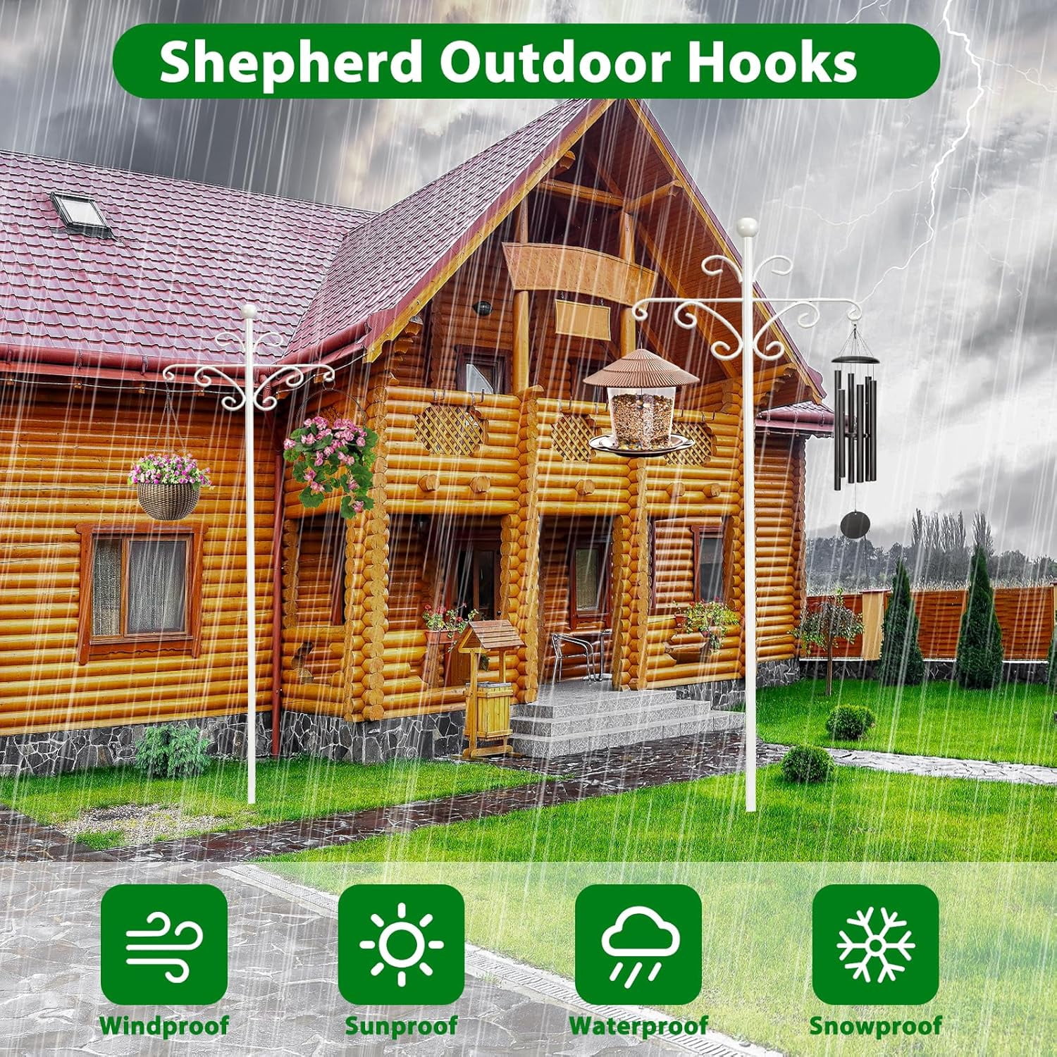 Bird Feeder Pole for Outdoors Heavy Duty Squirrel Proof, 2 Pack 76 Inch Adjustable Tall Shepherds Hooks for Outdoor with 7 Prongs Base, Double Shepherd Hooks (2 Pack White, 76 Inch)