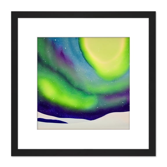 Northern Lights Green Aurora Borealis Landscape Square Wooden Framed Wall Art Print Picture 8X8 Inch