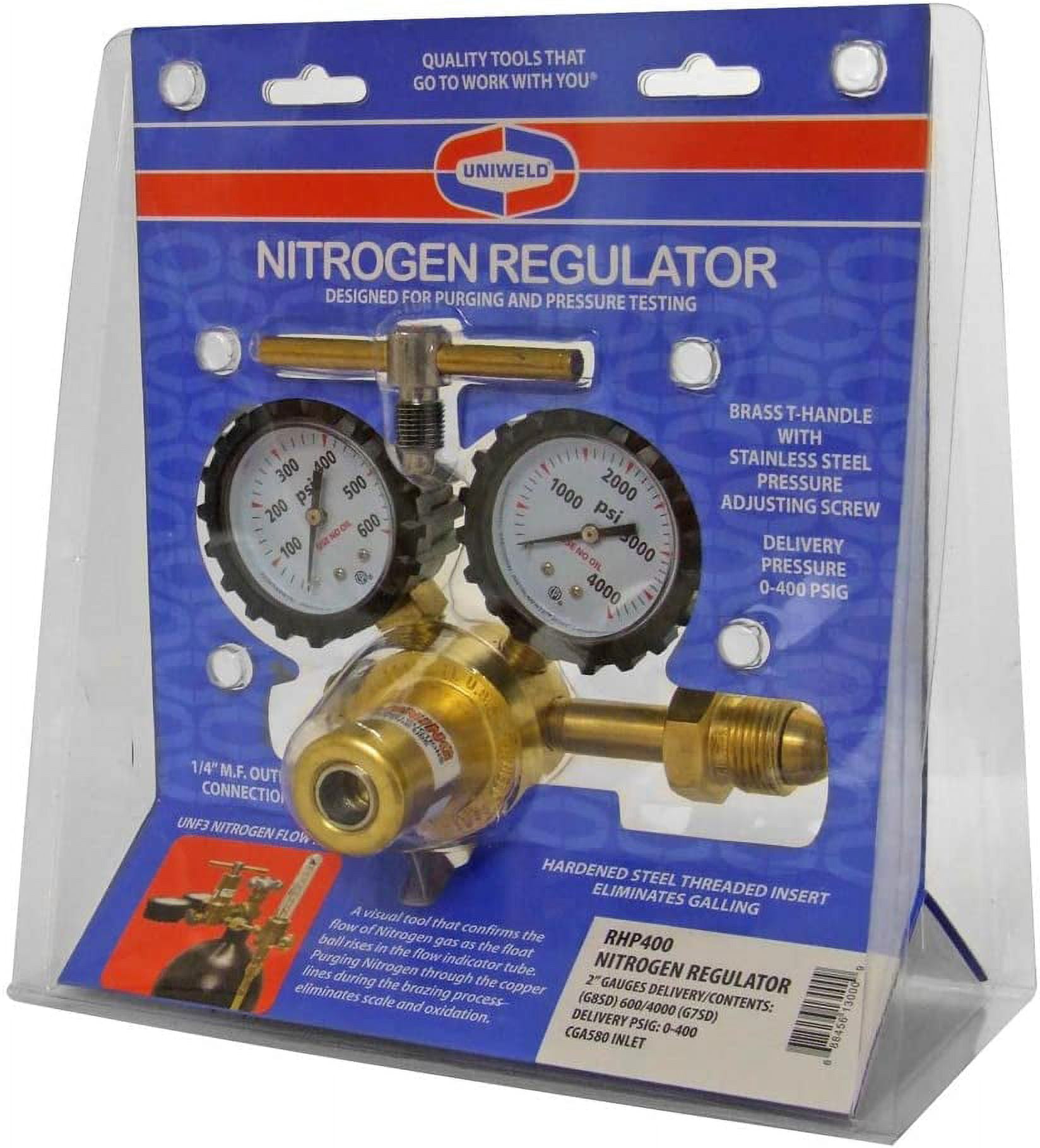 Uniweld RHP400 Nitrogen Regulator with 0-400 PSI Delivery Pressure, CGA580 Inlet Connection and 1/4-Inch Male Flare Outlet Connection