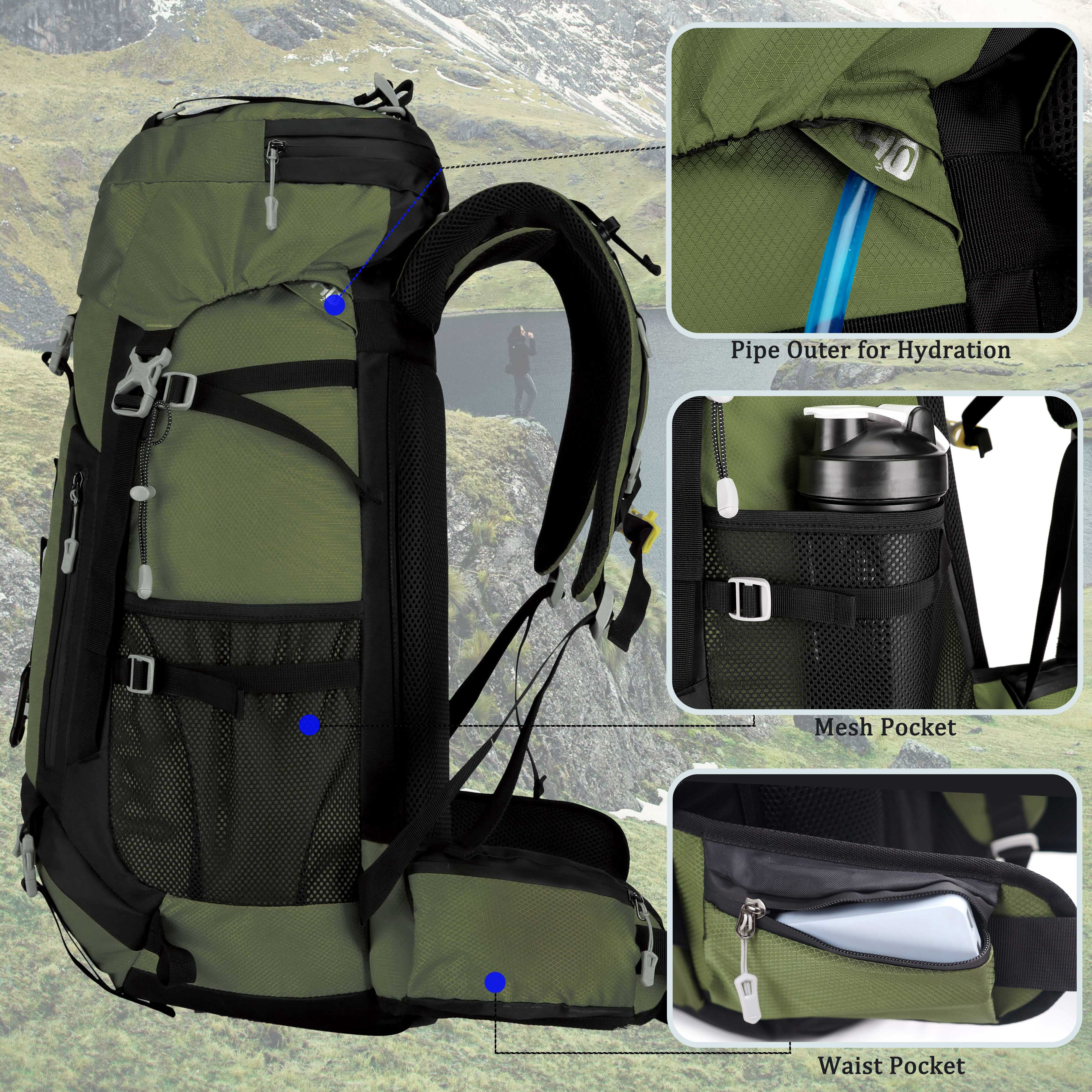60L Travel Hiking Camping Backpack with Rain Cover, Backpack Water Resistant,Large Backpack for Men Women