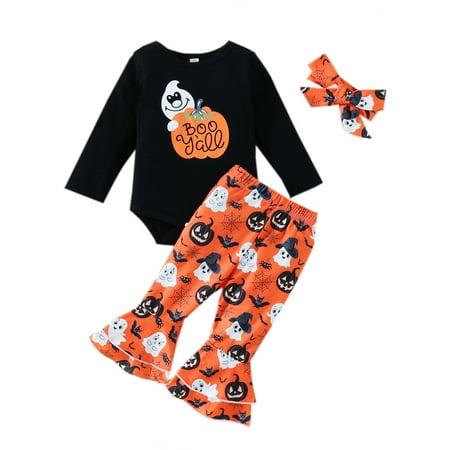 

Xingqing Infant Baby Girls Halloween 3PCS Outfits Long Sleeve Romper Tops Pumpkin Bell-Bottoms Flare Pants with Headband Black Orange