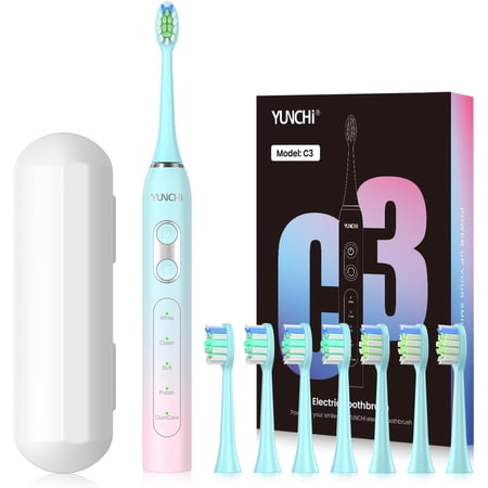 YUNCHI C3 Adult Rechargeable Sonic Toothbrush with 8 Soft Brush Heads and Travel Case, Blue
