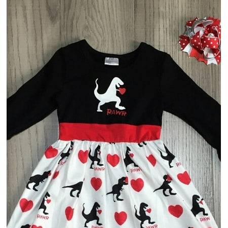 

Puloru Girls Long Sleeve Ruffles Patchwork Dinosaur Heart Tutu Sundress