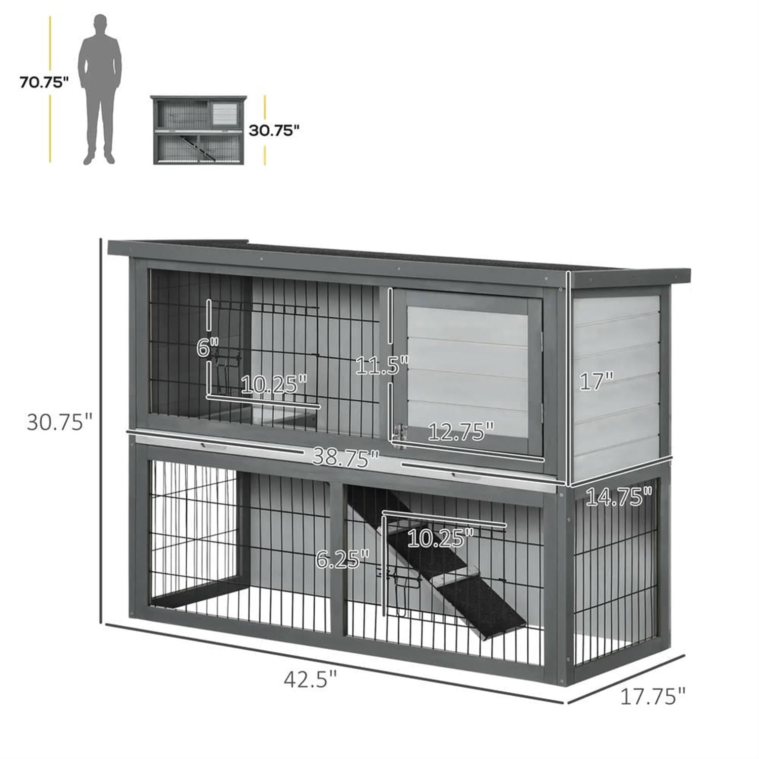 resenkos 43" 2-Story Wooden Rabbit Hutch with Slide-out Tray, Outdoor Small Animal Habitat Enclosure Bunny Cage for Bunnies, Guinea Pigs, Gray