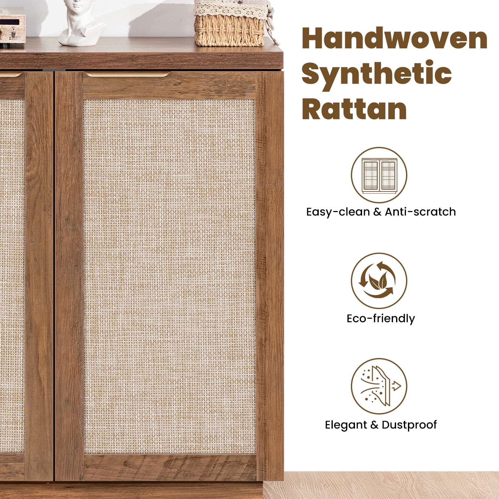 Hommpa Sideboard Buffet Cabinet Rattan Kitchen Storage Organizer Boho Farmhouse Accent Cabinets TV Console for Living Dining Room Coffee Bar for Party Holiday Festival Christmas Gift, Brown