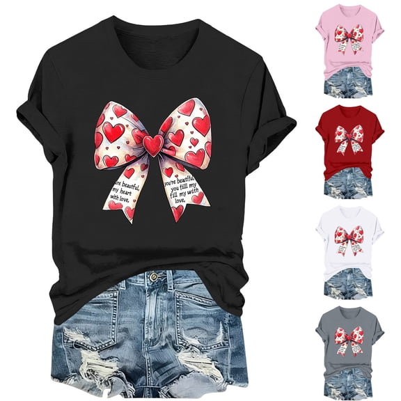 FRSASU Cute Heart Love Coquette Bow Valentine’s Day Women Short Sleeve Round Neck T-Shirt White