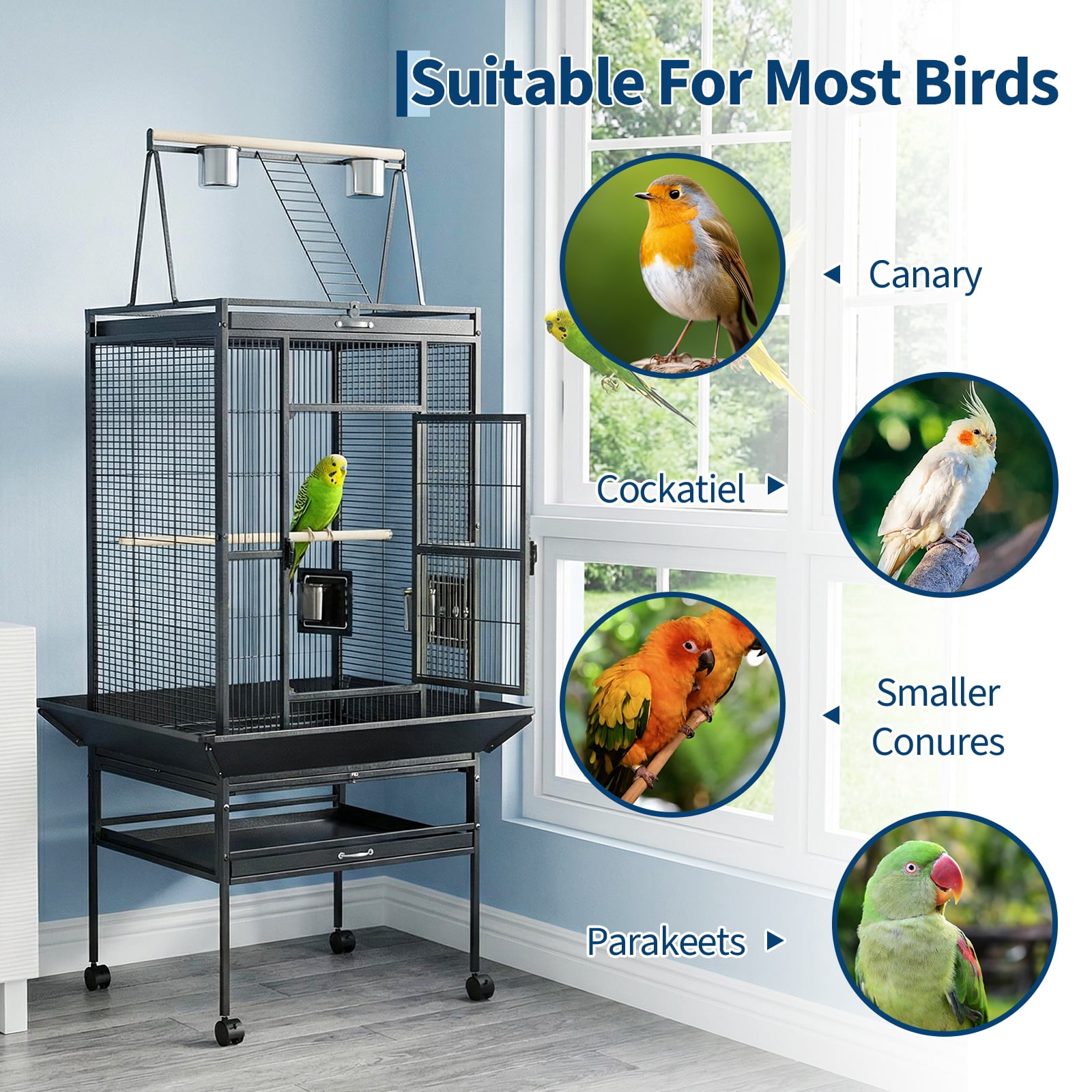 PYY 68-Inch Large Bird Cage for African Grey Parrots Macaws Cockatiels, Heavy Duty Wrought Iron Flight Cage with Play Top, Rolling Stand and Seed Guard, Black