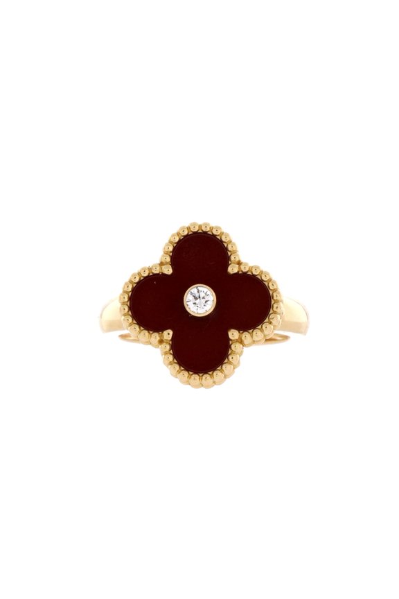 Pre-Owned Vintage Alhambra Ring 18K Yellow Gold with Carnelian and Diamond By Rebag