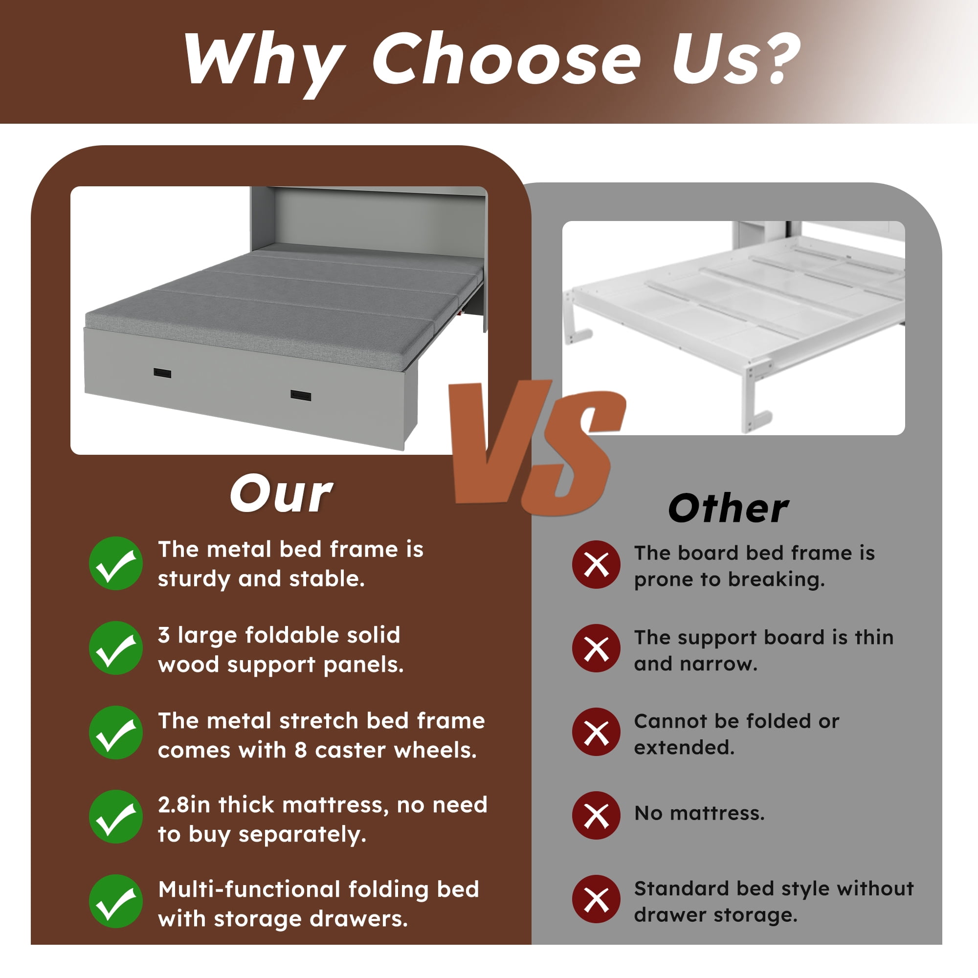 Mintazer Full Murphy Bed with 2.8" Mattress & Charging Station, Foldable Cabinet Bed with Storage Drawers for Bedroom Guest Room&nbsp;Living Room, Gray