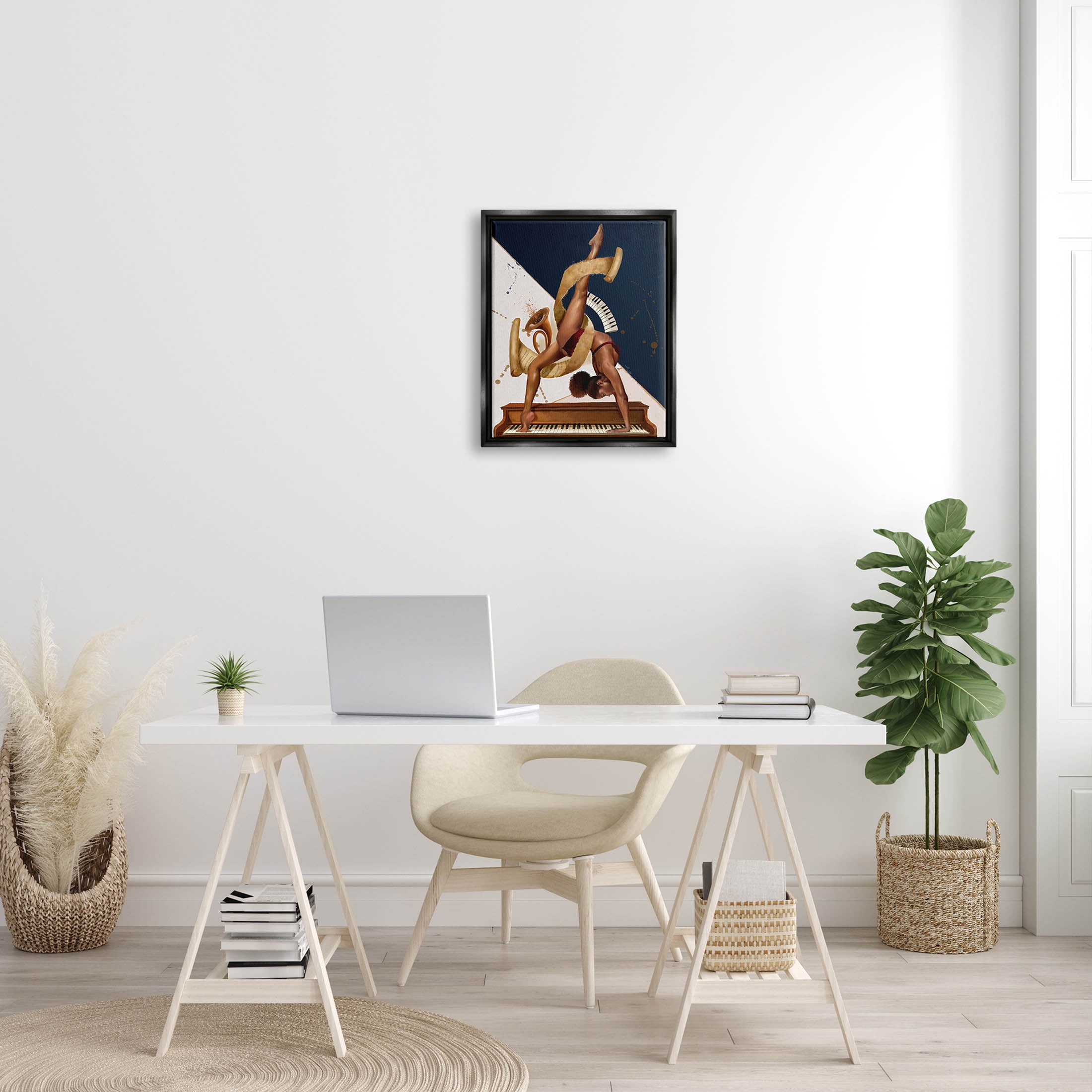 Gymnastics Musician Girl Instruments Abstract Painting Jet Black Framed Art Print Wall Art