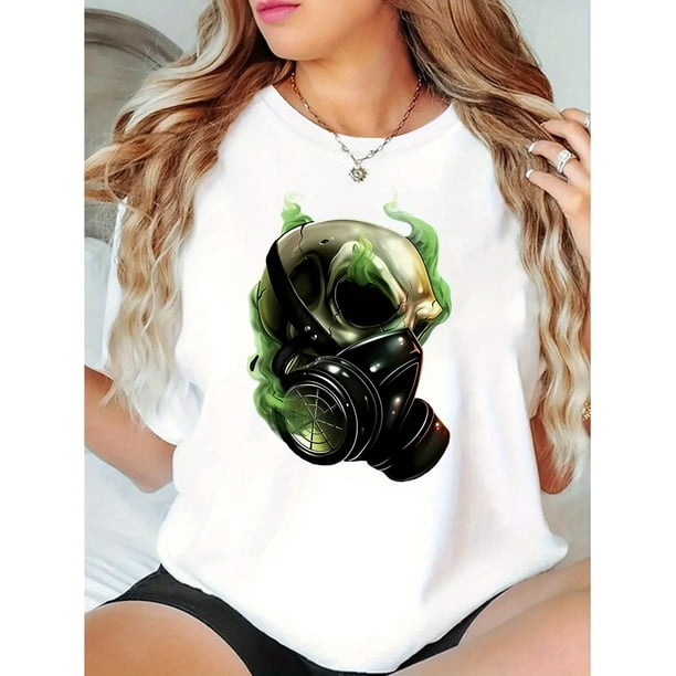 Creative Skull-Patterned Anti-Virus Mask, Women'S Stylish Round-Neck Short-Sleeve T-Shirt, Simple And Casual Sports Tee, Comfortable Summer Top for Holidays.