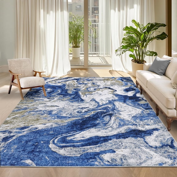 Garvee 8'x10' Modern Abstract Area Rug Washable Rug with Non Slip Backing, Low Pile Stain Resistant Indoor Carpet for Living Room Bedroom Dining Room, Blue
