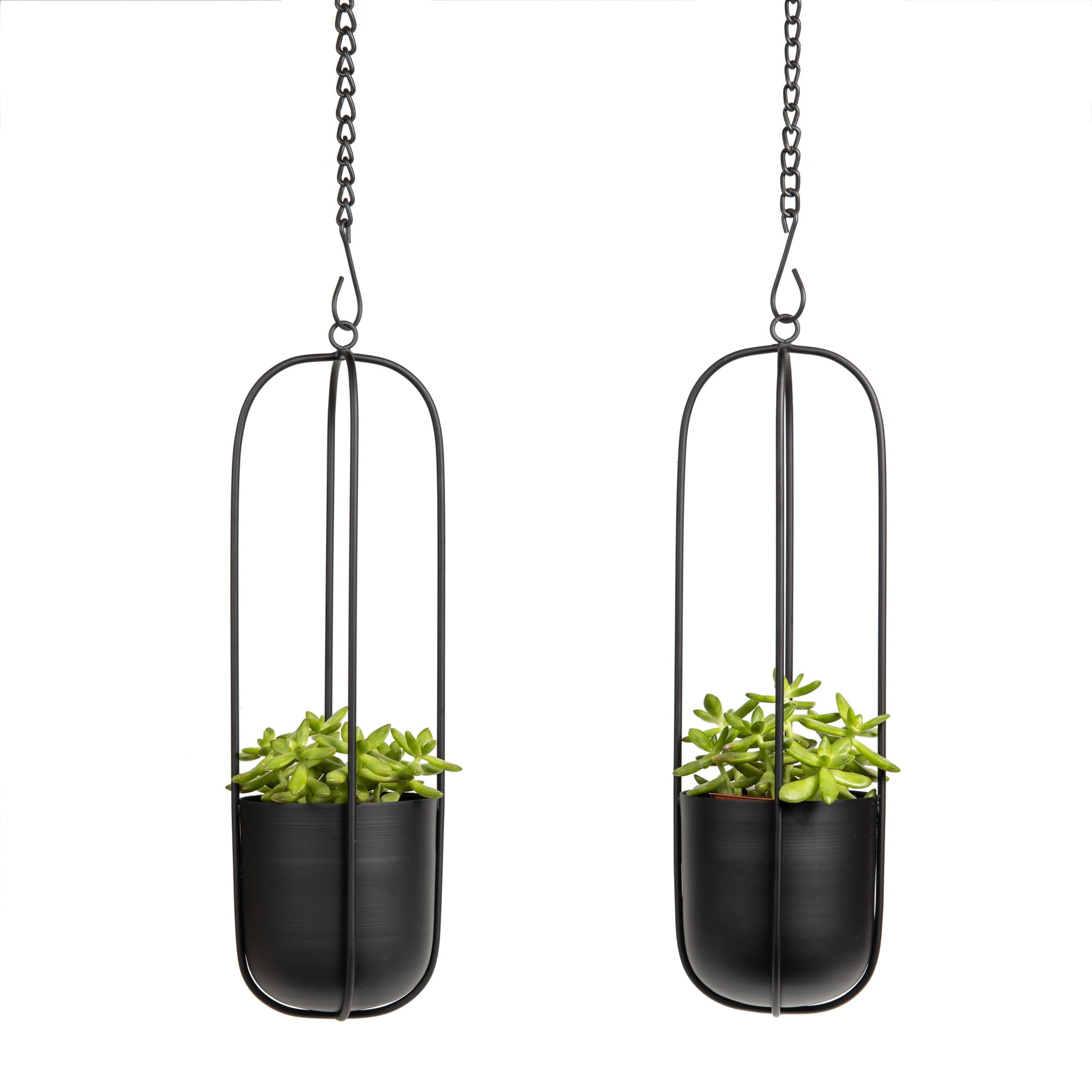 Danya B. Walter 2-Piece Modern Black Metal Oval Hanging Planter Set with Chain Hanging Option