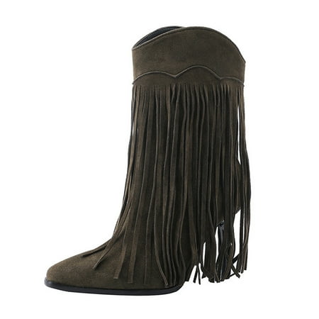 OJSFQUFP Winter Womens Boots Women s Fashion Solid Color Suede Tassel Pointed Toe High Heel Short Boots Comfortable Fall Shoes Womens Waterproof Hiking Boots Green 42