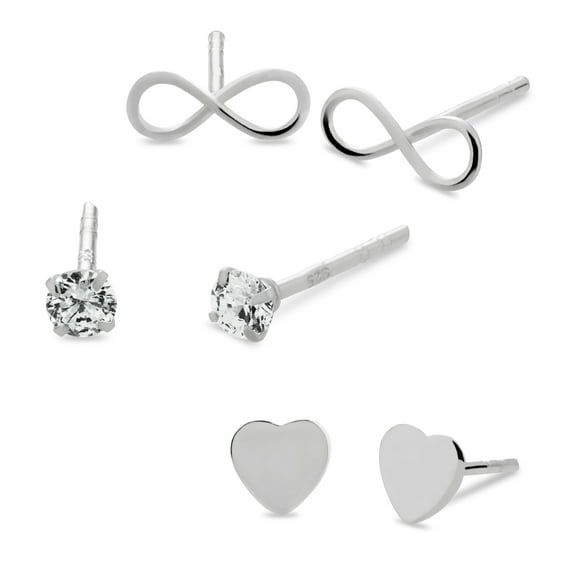 Sterling Silver Flat Heart, White Cubic Zirconia and Infinity Stud Earrings Set