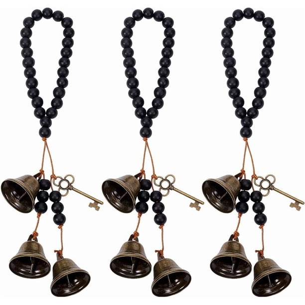 3 campanas protectoras para pomo de puerta, campanas negras, colgador de pomo de puerta, decoración de campana pagana, cuentas de madera, llaves mágicas, campanas