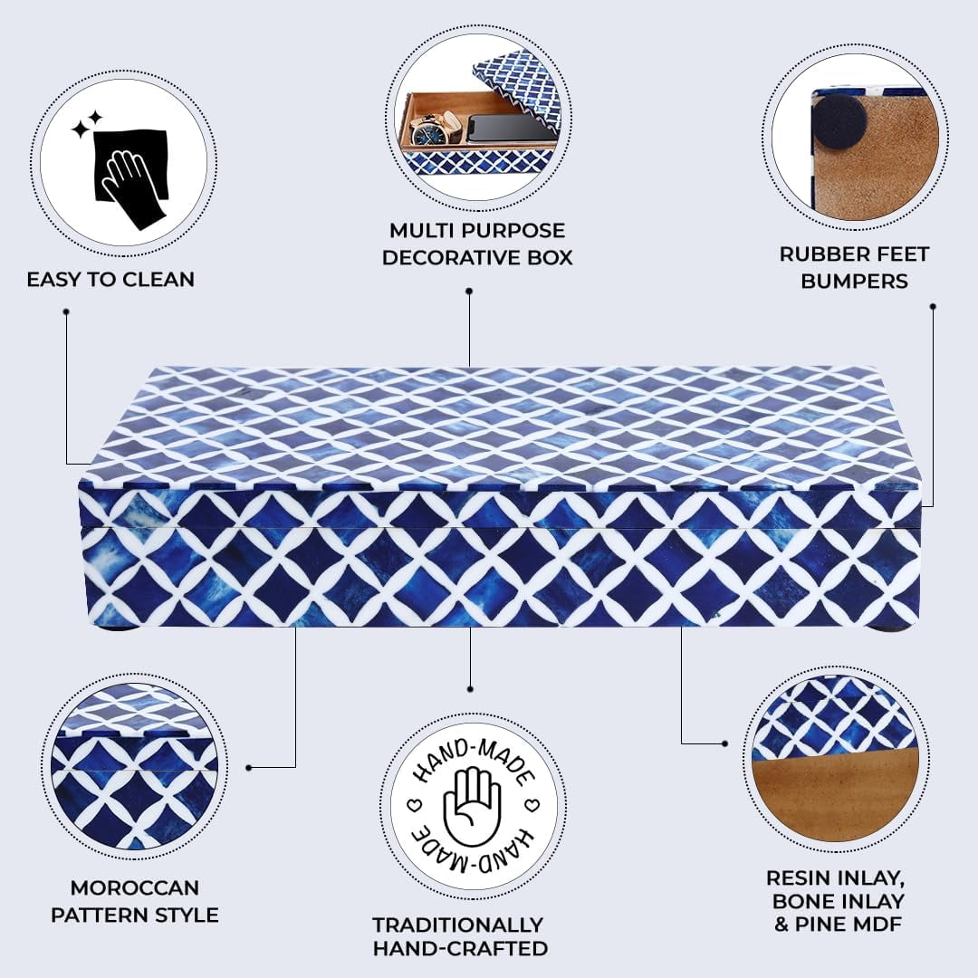 Large Decorative Storage Box with Lid – 12x6x5” Coffee Table Organizer, Keepsake- Decorative Boxes for Home Decor, Stylish Decorative Box for Office Decor- Blue White Star