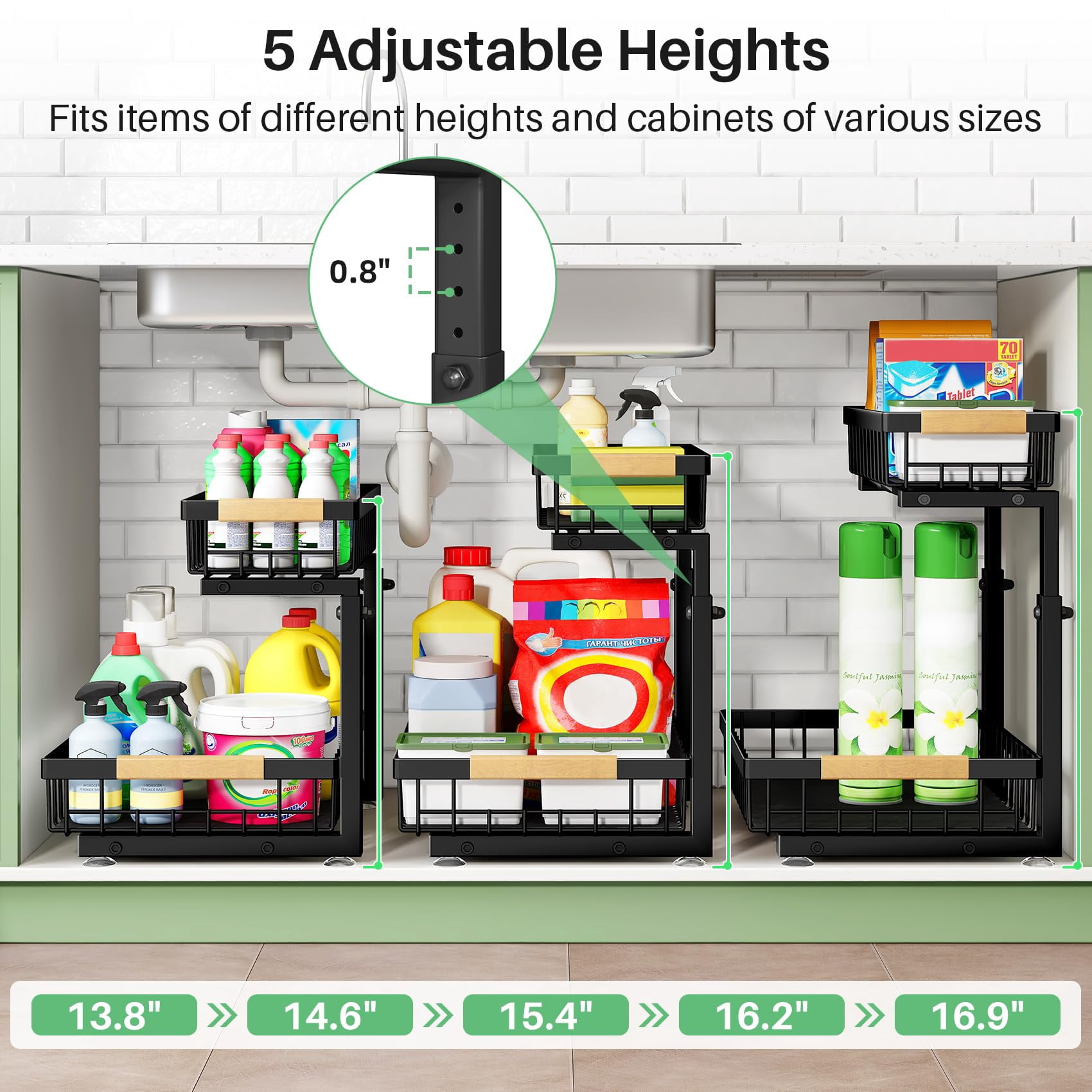Under Sink Organizer 2-Tier Slide Out Cabinet Storage Shelf Metal Drawer for Kitchen Bathroom Pantry Closet Organization Rack Black 2 Pack