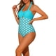 thumbnail image 4 of Monokini de lunares con cuello halter para mujer, traje de baño de una pieza con control de abdomen y corte, color cian, talla X-Small, 4 of 5