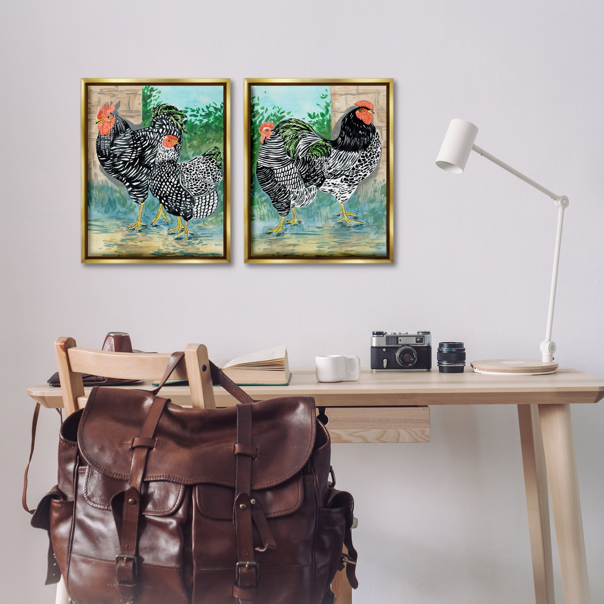 Stupell Industries Rooster and Hen Foraging Animals Painting Gold Floater Framed Canvas Art Print Wall Art, 17 x 21, Set of 2