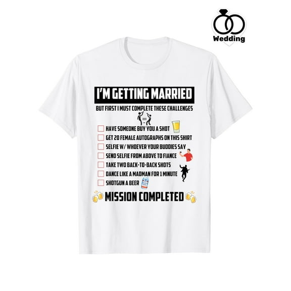 Bachelor Party Challenges Funny Groom Challenge T-Shirt - Humorous Wedding Countdown Checklist Design, Regular Fit Short Sleeve Round Neck Tee for Men & Women, Machine Washable Gift for Groom