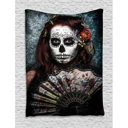 Day Of The Dead Tapestry, Make up Artist Girl with Dead Skull Scary Mask Roses Artwork Print, Wall Hanging for Bedroom Living Room Dorm Decor, Cadet Blue Maroon, by Ambesonne