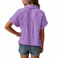 thumbnail image 4 of Girls Teen Linen Shirts Button Down Wrinkled Gauze Tops Summer Short Sleeve V Neck Blouse Beach Cotton Linen Tee,Purple,9-10 Years, 4 of 6