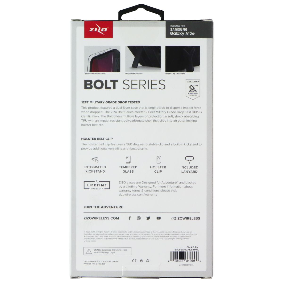 ZIZO BOLT Series for Samsung Galaxy A10e Case | Heavy-duty Military-grade Drop Protection w/ Kickstand Included Belt Clip Holster Tempered Glass Lanyard (Black/Red)