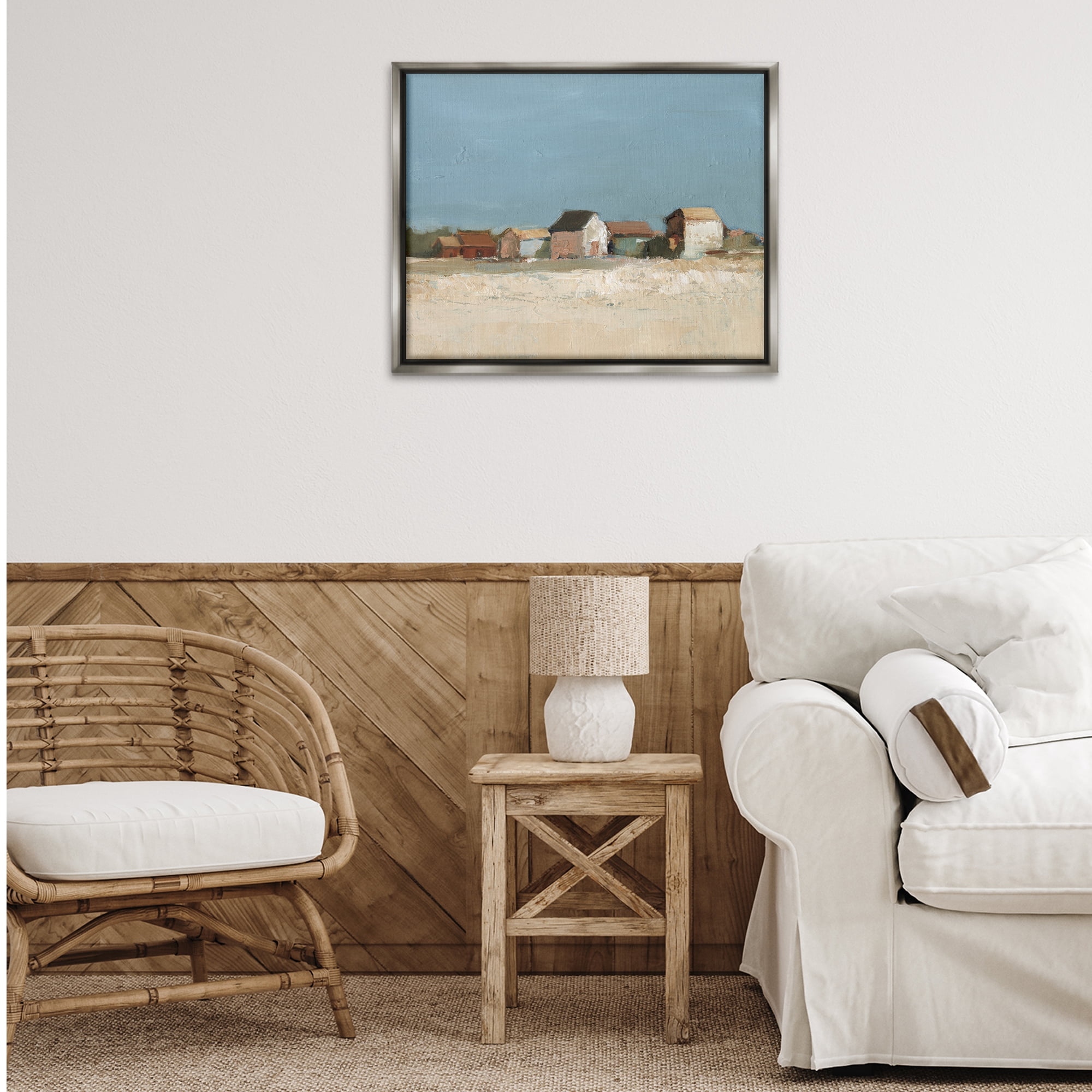 Stupell Industries Neighborhood in Distance Landscape & Nature Painting Gray Floater Framed Canvas Art Print Wall Art, 31 x 25