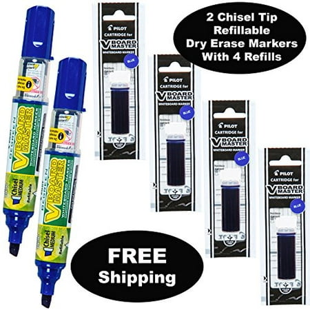 Refillable Dry Erase Markers, Pilot V Board Master, 2 Blue Ink Chisel Tip Markers with 4 Refills,