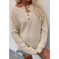 thumbnail image 2 of Soft Ribbed Knit Half Button Up Sweater Fringe Long Sleeve Design for Women Beige Large, 2 of 5