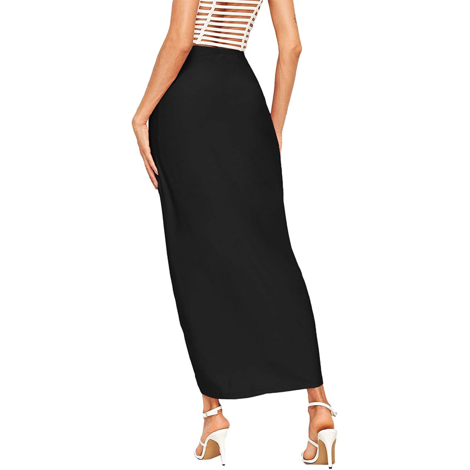 Womens Casual Slit Wrap Asymmetrical Elastic High Waist Maxi Draped Solid Skirt 