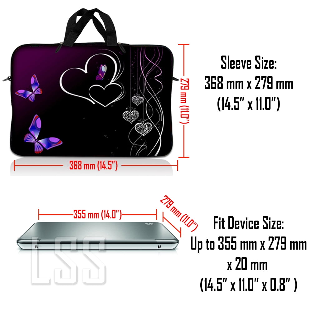 LSS 14-14.9 inch Neoprene Laptop Sleeve Bag Carrying Case with Handle and Adjustable Shoulder Strap - Butterfly Heart Floral