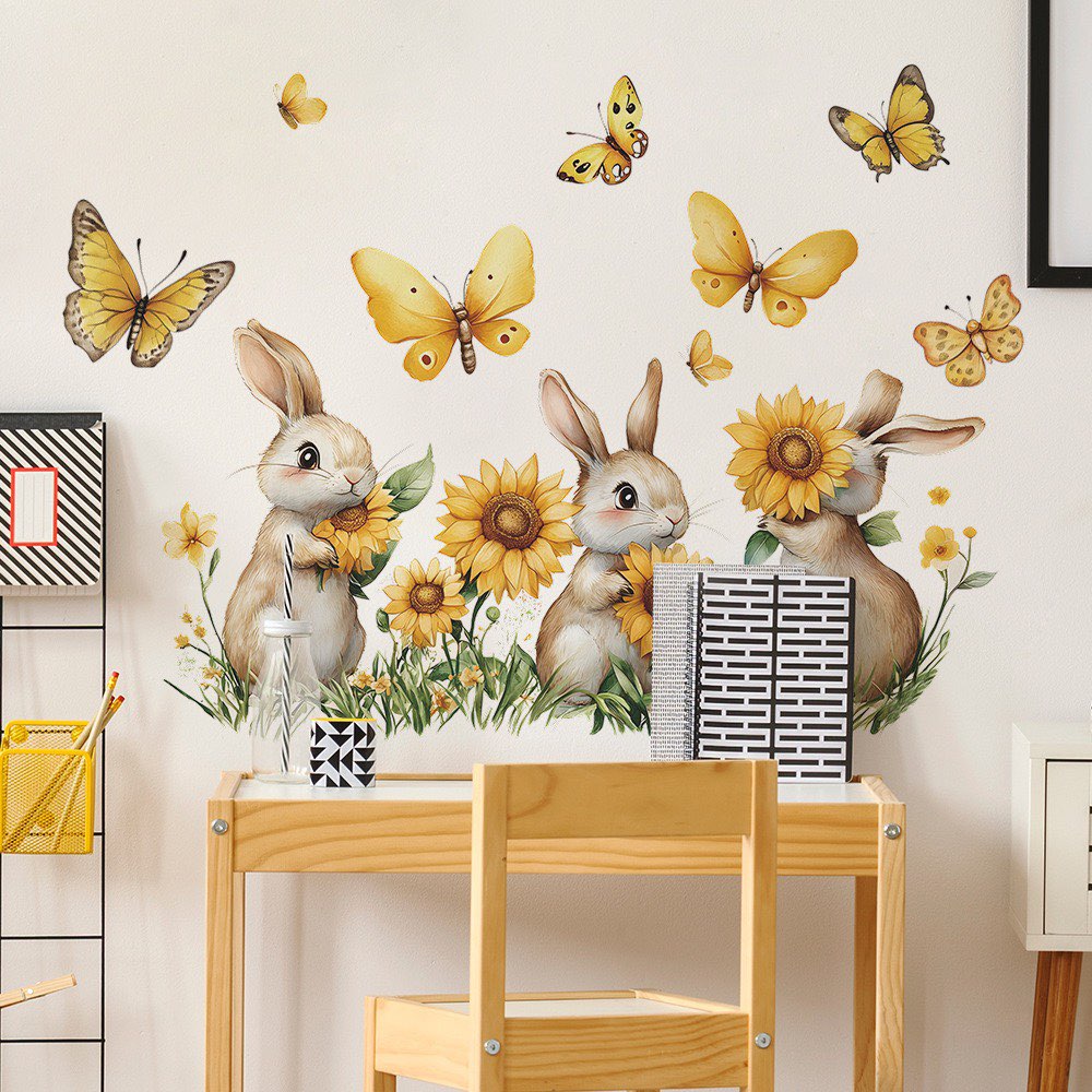 Rabbit and sunflower stickers, flower stickers, sunflowers Peel and Stick Wall Art Decals for Kids Bedroom Baby Nursery