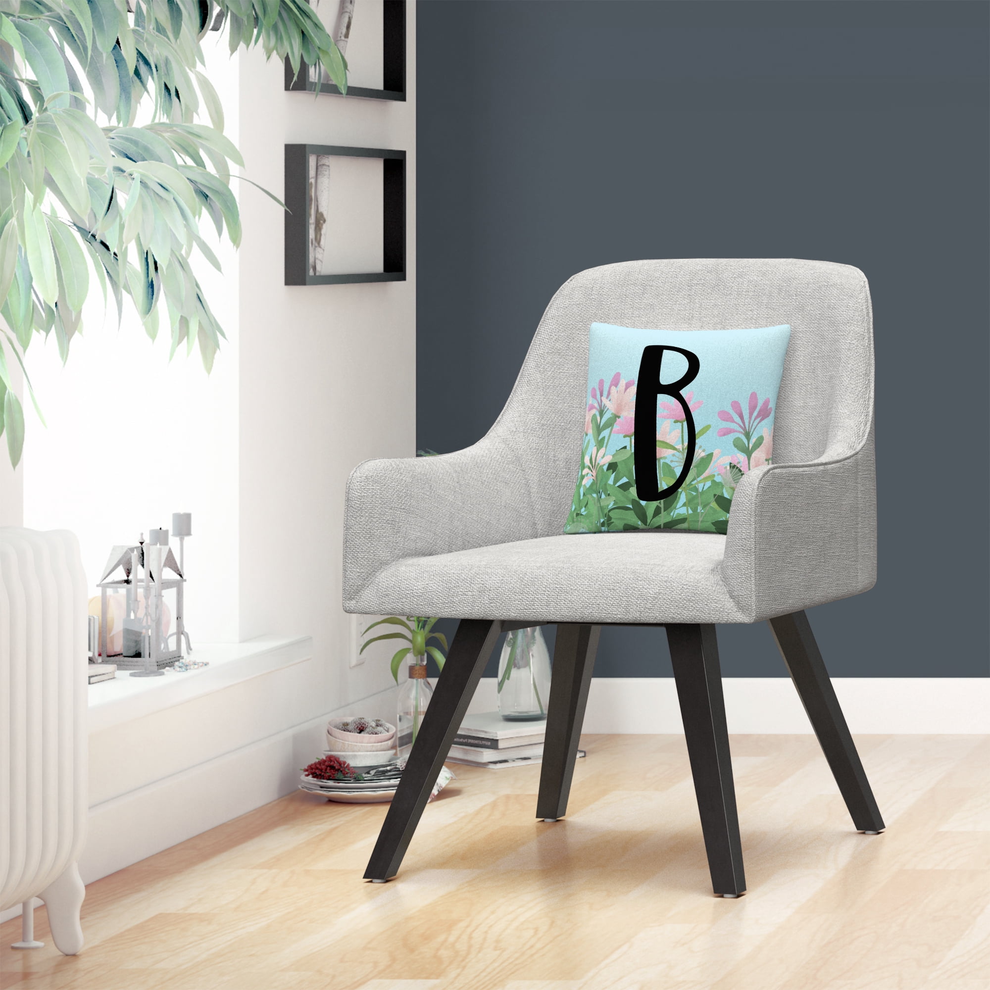 Pink Floral Garden Letter Illustration B By Abc 16 X 16 Decorative Throw Pillow