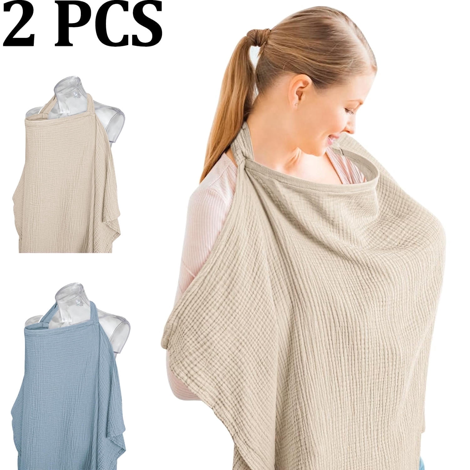 Muslin Nursing Cover for Baby Breastfeeding,Breathable 100% Cotton Breastfeeding Cover with Rigid Hoop for Mother Nursing Apron, Multi-use Carseat Canopy Canopy (27.6 x 40 inch,Blue+Wheat)