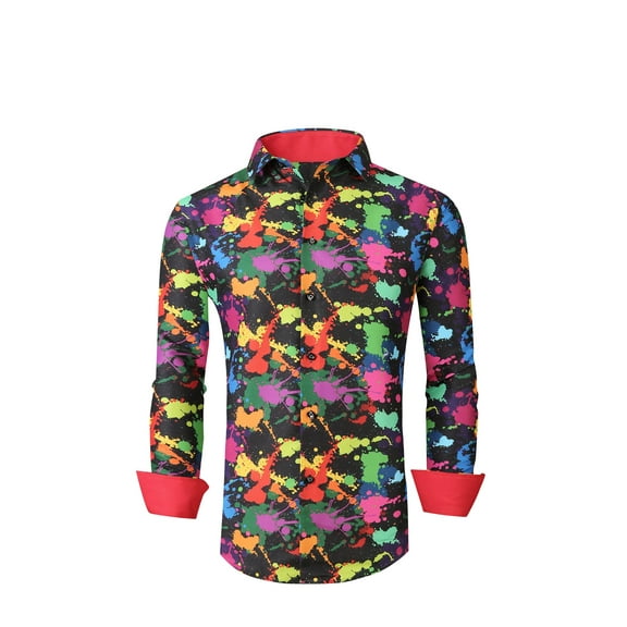 Mens PREMIERE Long Sleeve Button Down Dress Shirt BLACK COLORFUL SPLASH PAINT