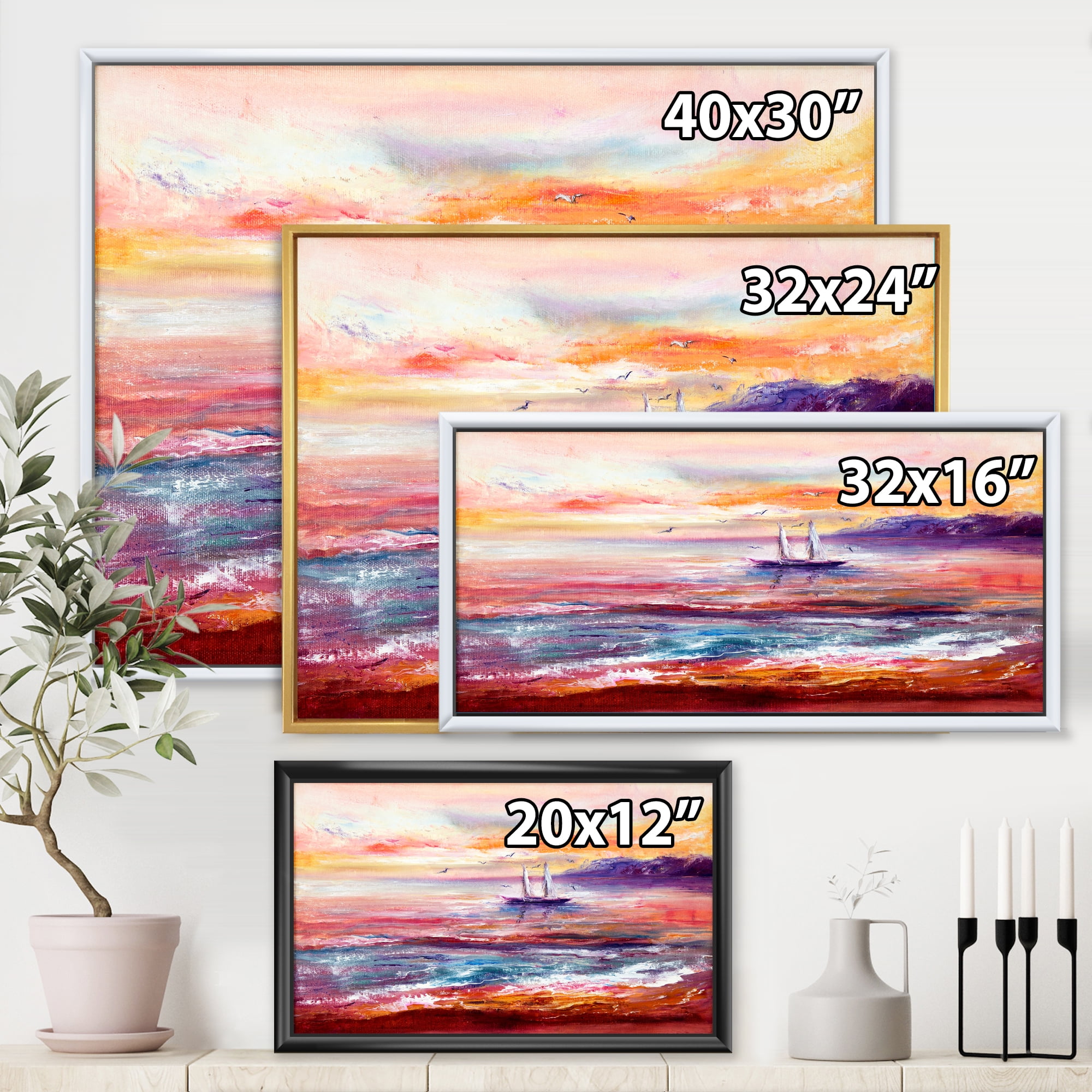Designart 'Boat On The Ocean During VIbrant Sunset Glow' Nautical & Coastal Framed Canvas Wall Art Print