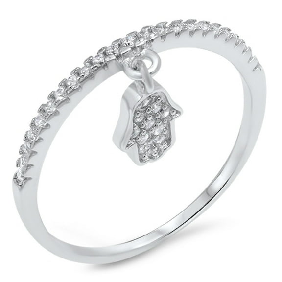 Round Clear Cubic Zirconia Dangling CZ Pave Hamsa Hand Ring Sterling Silver 925