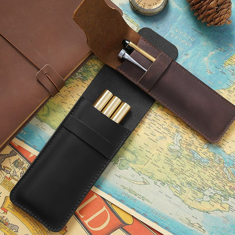 Daimay Leather Pen Case Holder Handmade Fountain Multi Pens Pouch Crazy Horse Leather Pen Protective Sleeve Cover - Brown